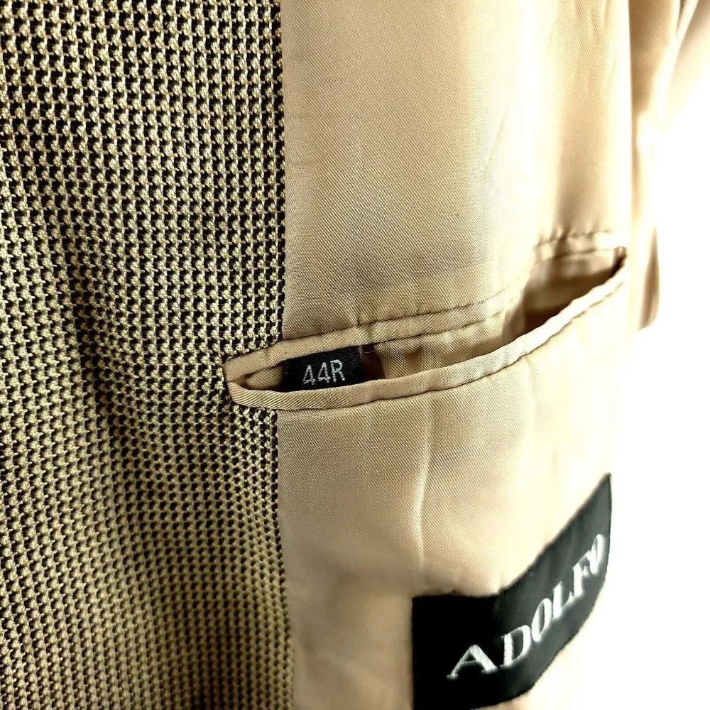 Adolfo Silk Wool 3 Button Sport Coat 44R Black Tan Nailshead‎ Check